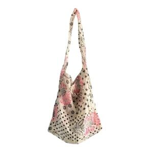 Free People Reusable Tote Bag Pink Floral Woven Cotton Boho Granola Vegan